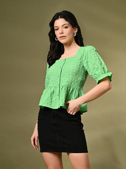 Casual Puff Sleeves Self Design Women Green Top