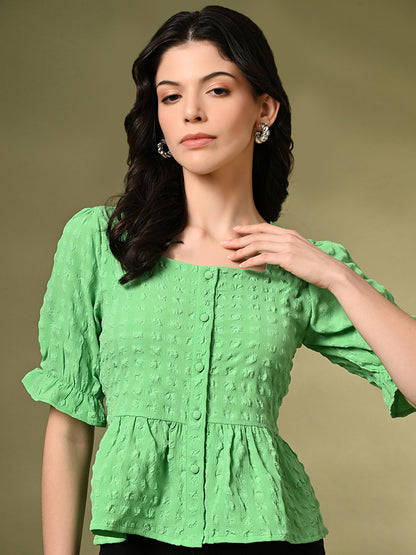 Casual Puff Sleeves Self Design Women Green Top