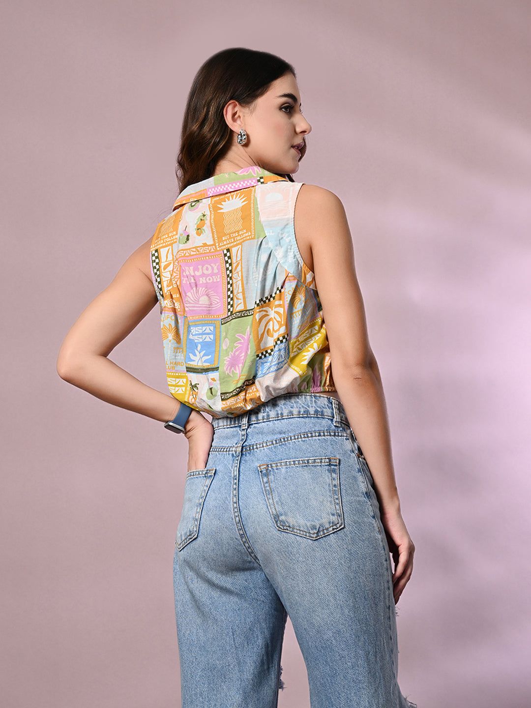 Casual Sleeveless Graphic Print, Printed Women Multicolor Top