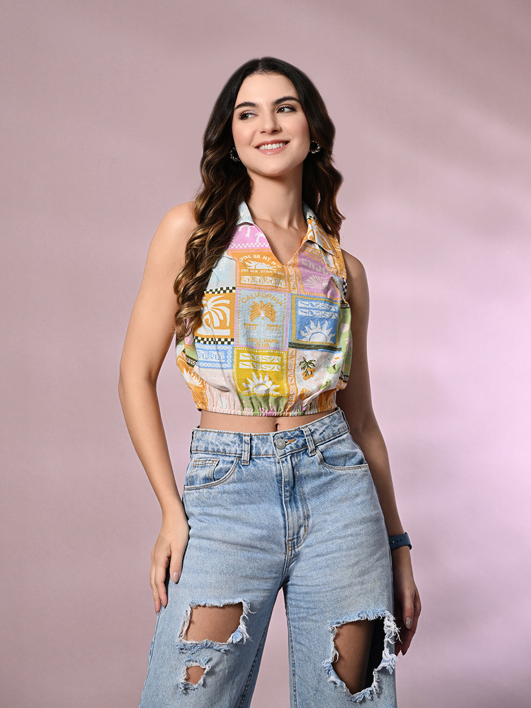 Casual Sleeveless Graphic Print, Printed Women Multicolor Top