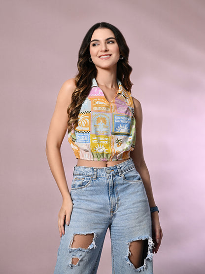 Casual Sleeveless Graphic Print, Printed Women Multicolor Top