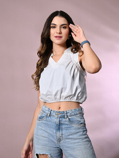 Casual Sleeveless Solid Women White Top