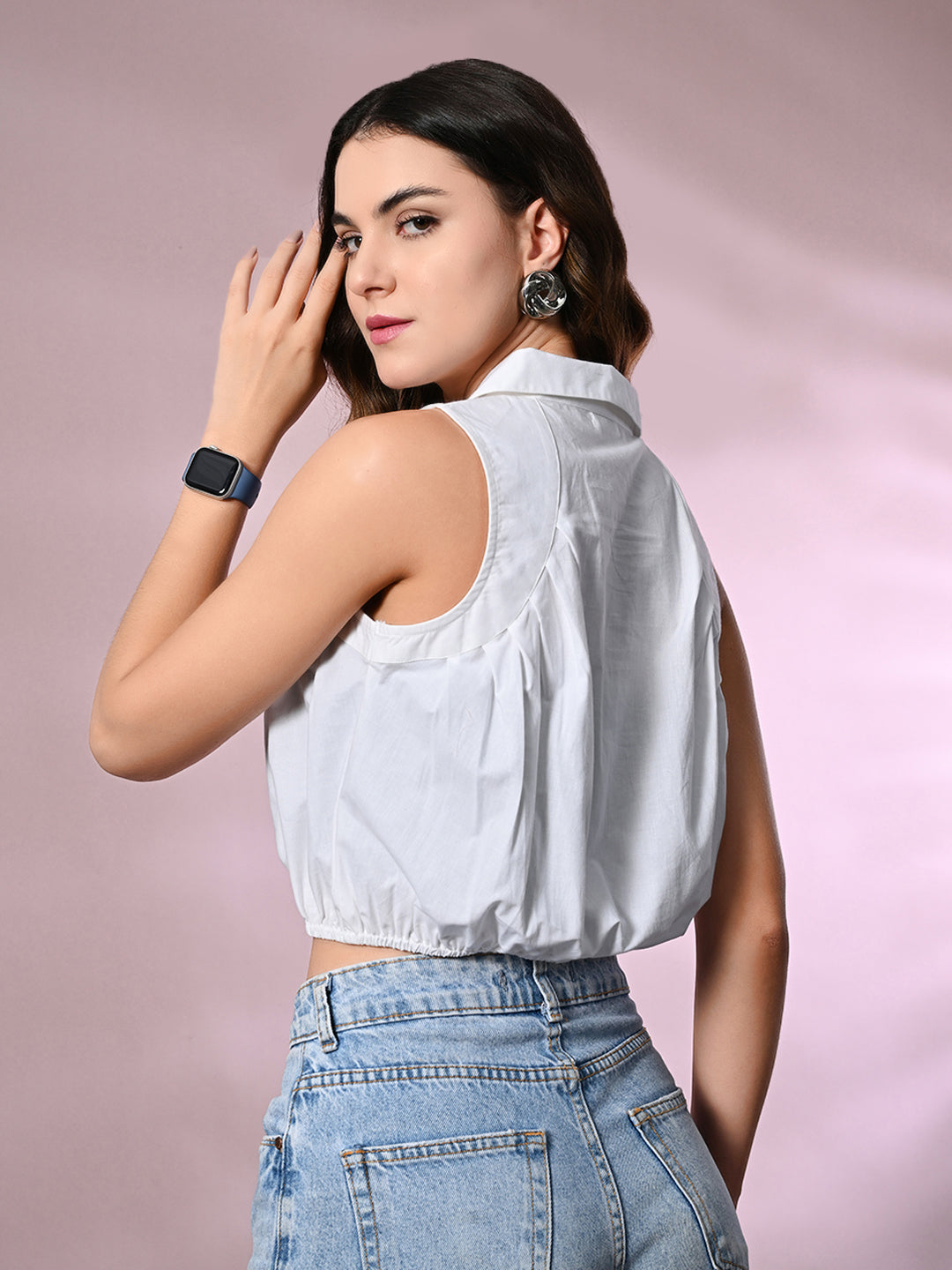 Casual Sleeveless Solid Women White Top