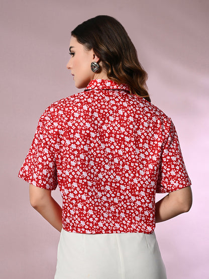 Women Regular Fit Printed Tie up Collar Casual Shirt