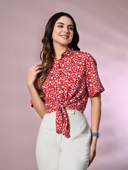 Women Regular Fit Printed Tie up Collar Casual Shirt