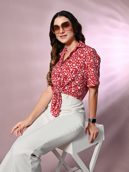 Women Regular Fit Printed Tie up Collar Casual Shirt