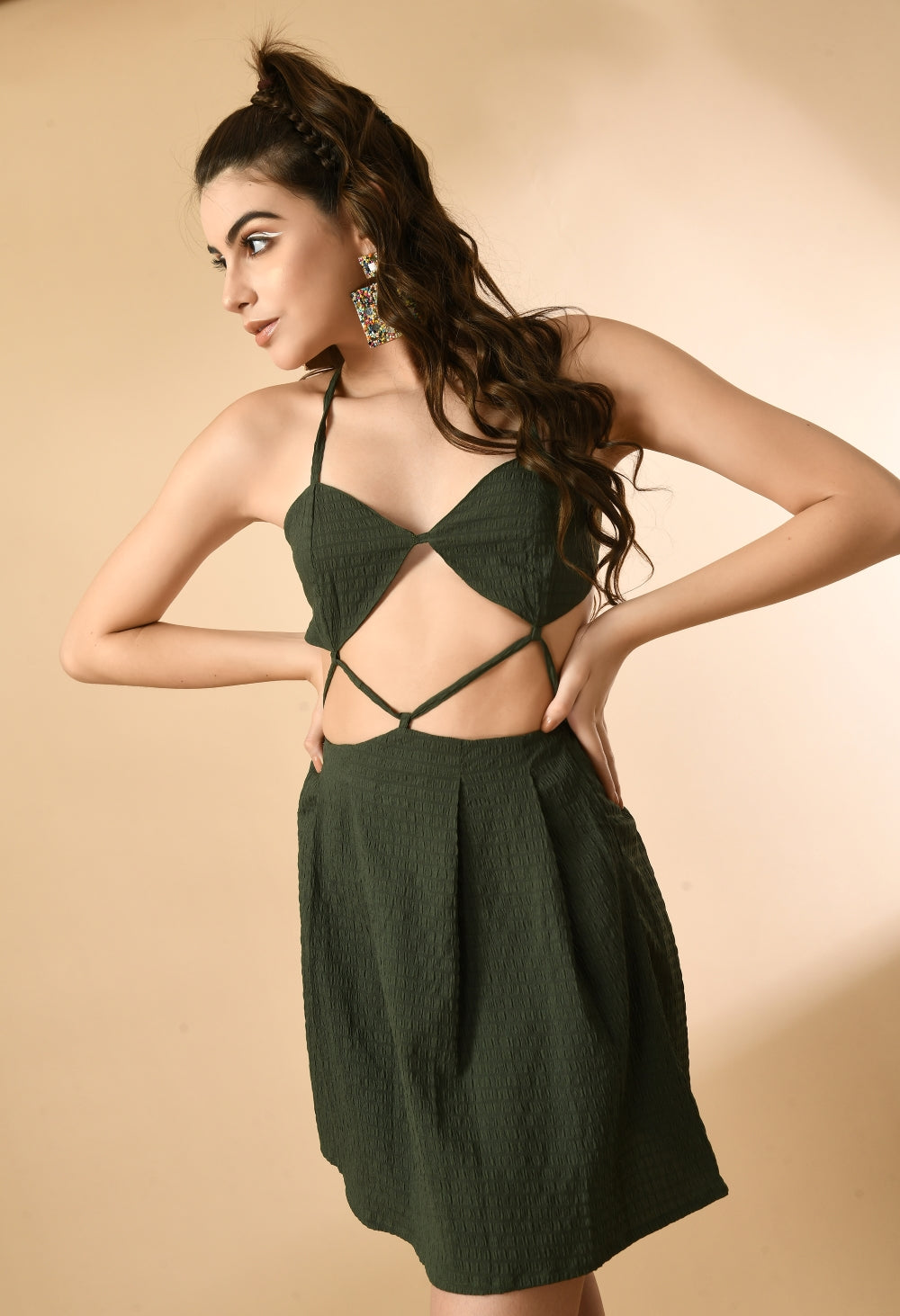 Women Pleated Dark Green Knee Length Dress