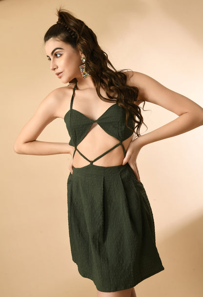 Women Pleated Dark Green Knee Length Dress