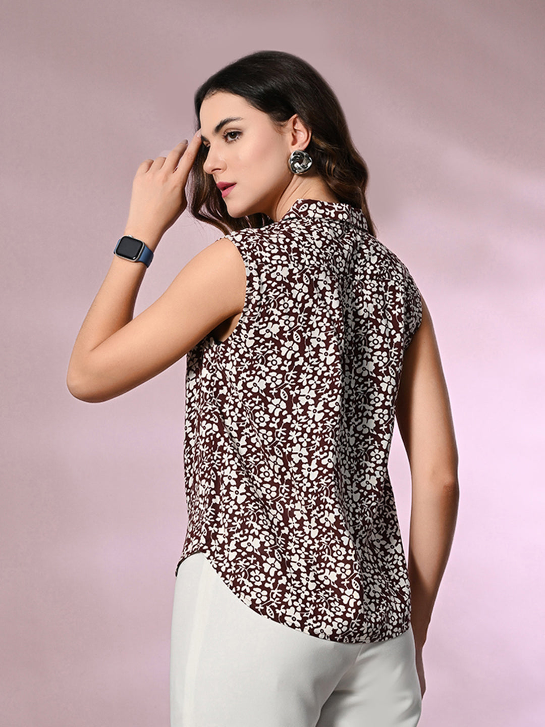 Casual Sleeveless Printed Women Brown Top