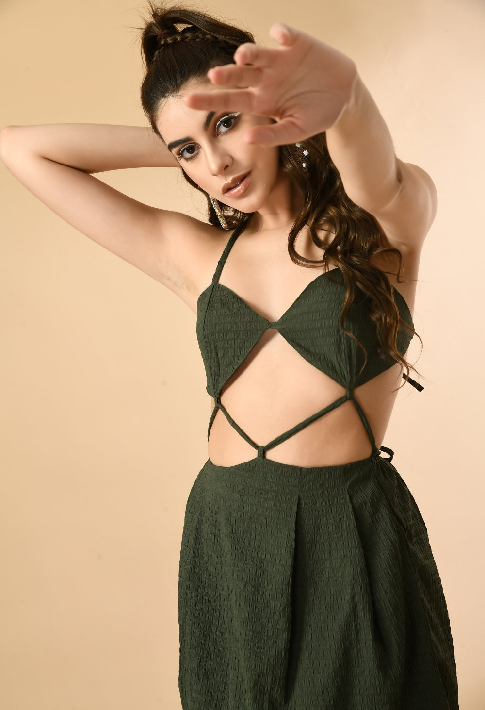 Women Pleated Dark Green Knee Length Dress