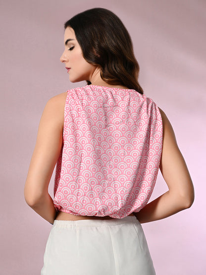 Casual Sleeveless Printed, Geometric Print Women Pink Top