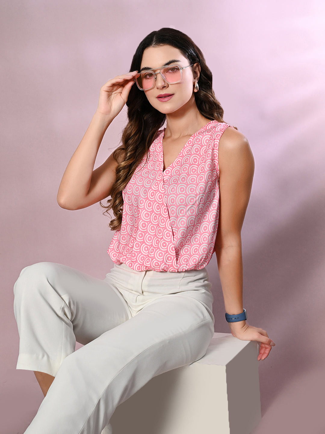 Casual Sleeveless Printed, Geometric Print Women Pink Top