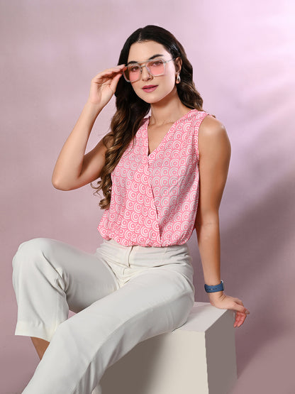 Casual Sleeveless Printed, Geometric Print Women Pink Top