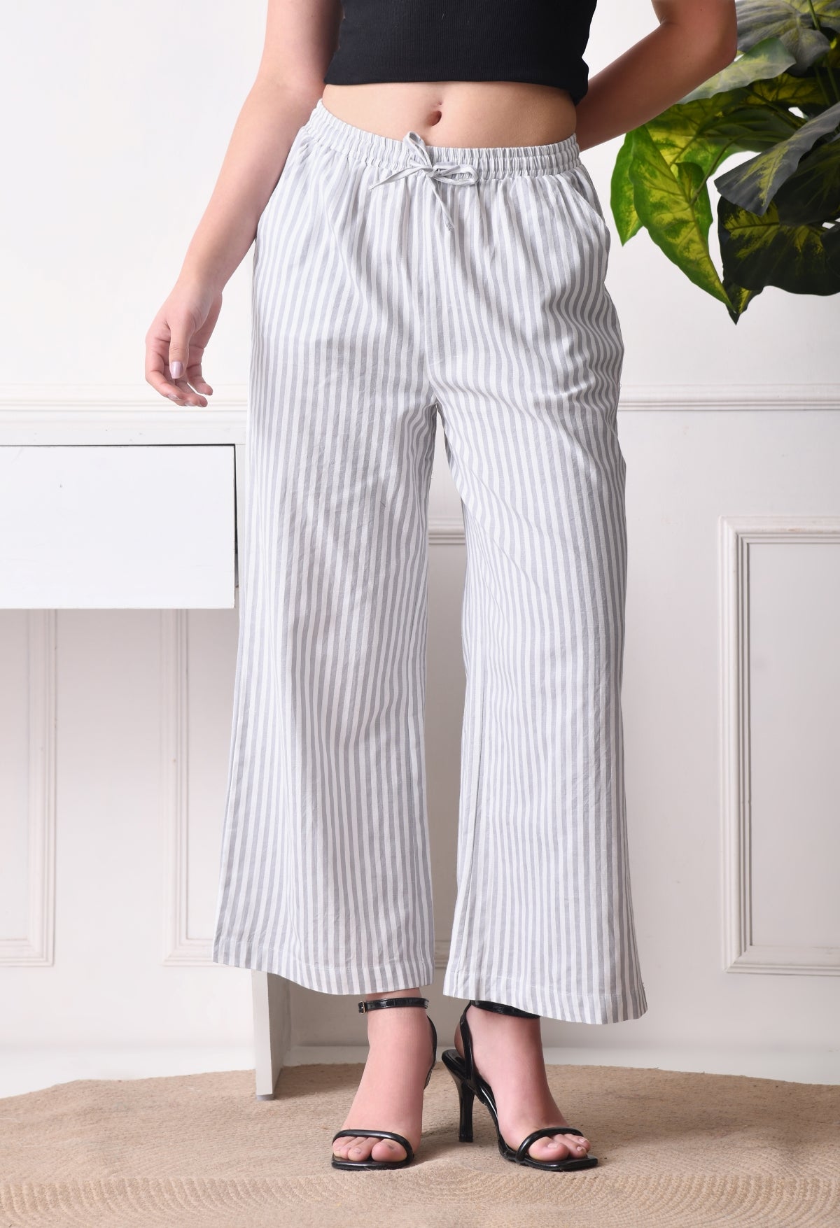 Women Relaxed White, Grey Pure Cotton Trousers