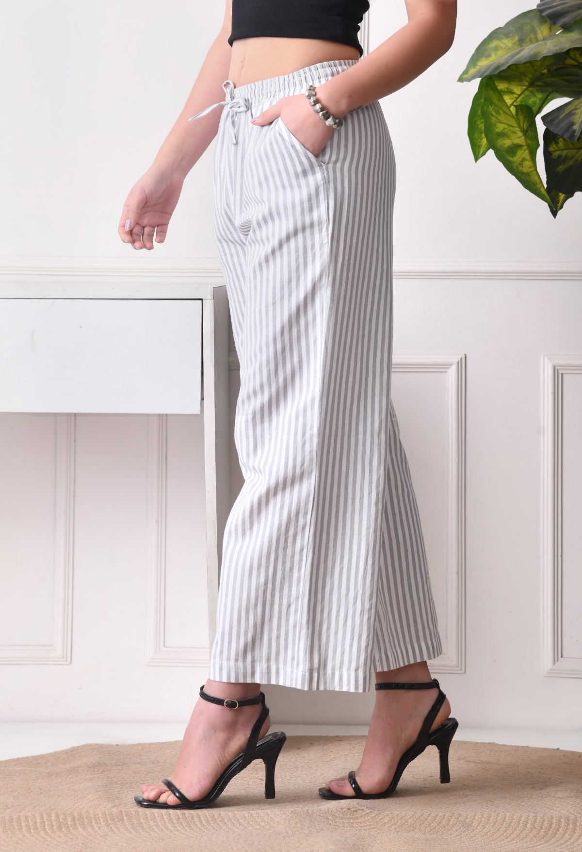 Women Relaxed White, Grey Pure Cotton Trousers