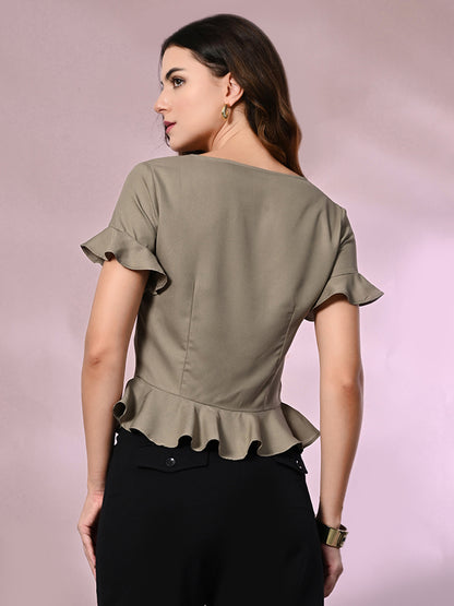 Casual Ruffled Sleeves Solid Women Grey Top
