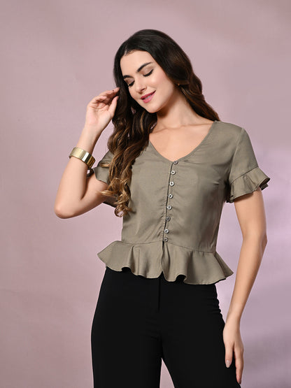 Casual Ruffled Sleeves Solid Women Grey Top