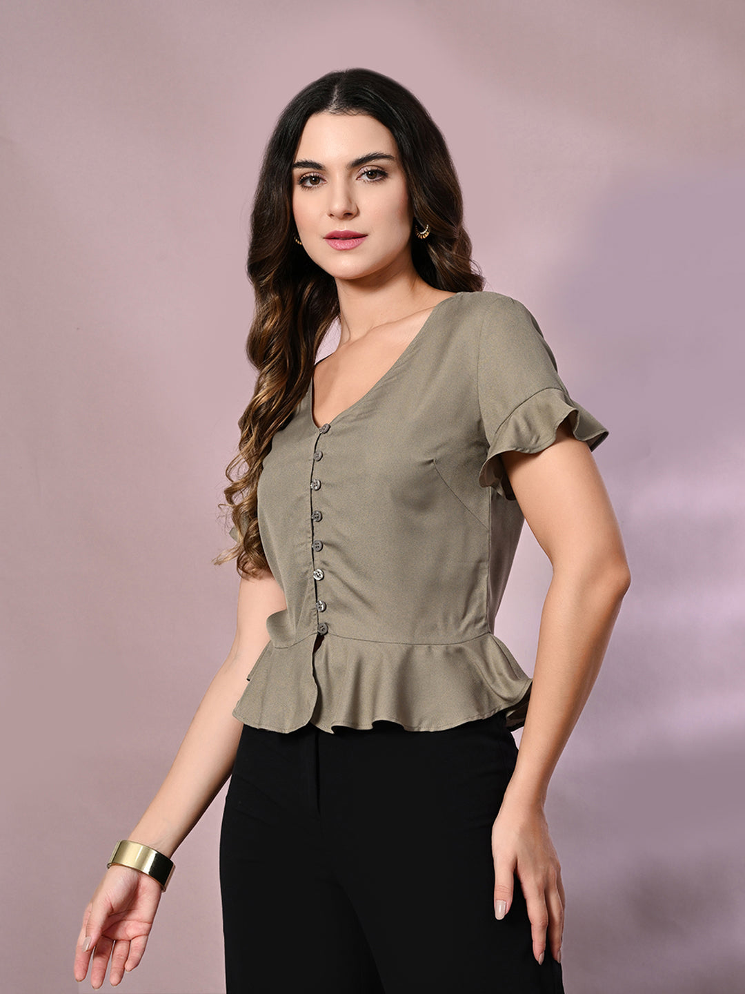 Casual Ruffled Sleeves Solid Women Grey Top