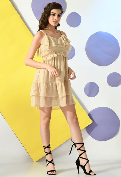 Women Fit and Flare Beige Above Knee/Mid Thigh Length Dress