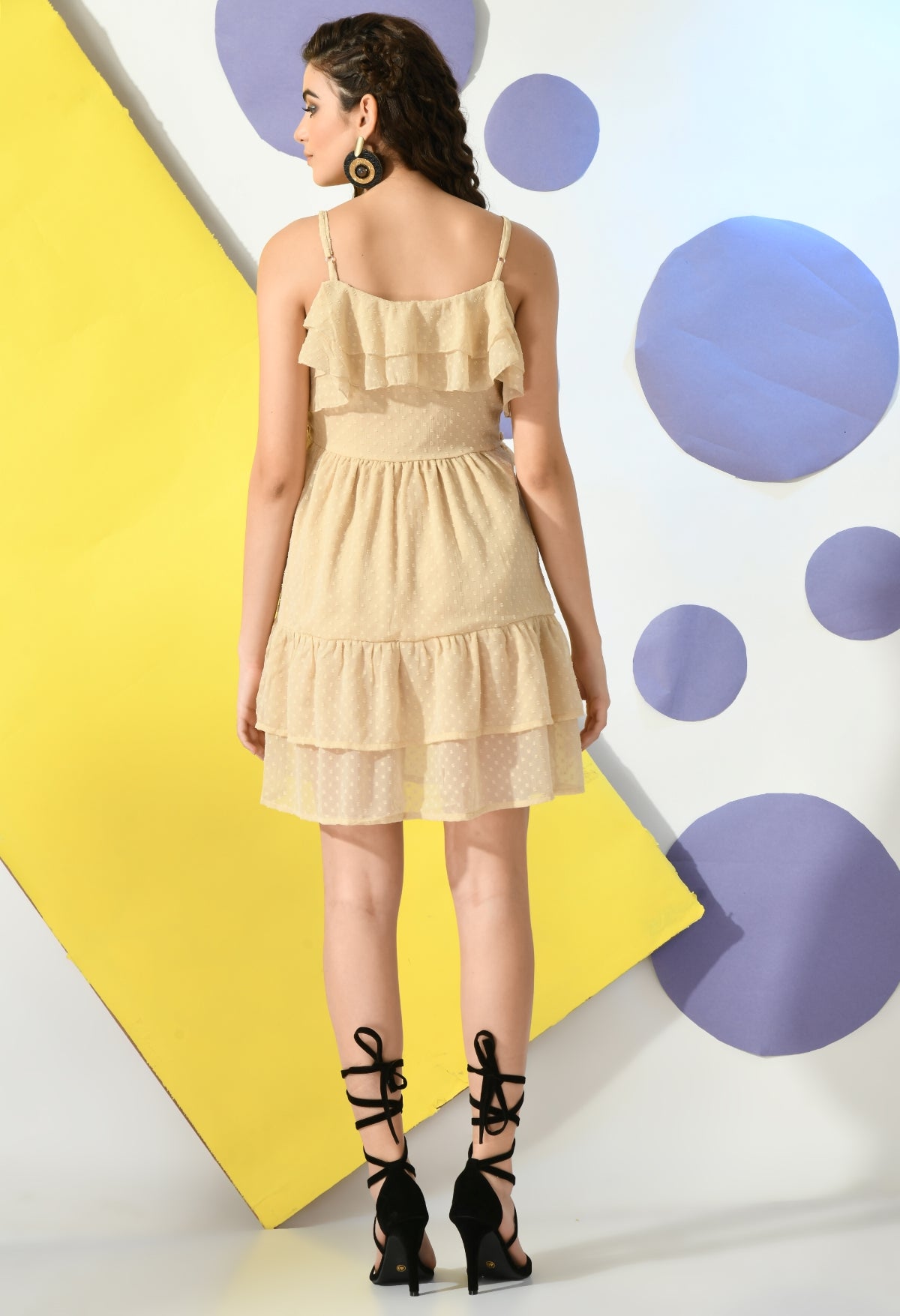 Women Fit and Flare Beige Above Knee/Mid Thigh Length Dress