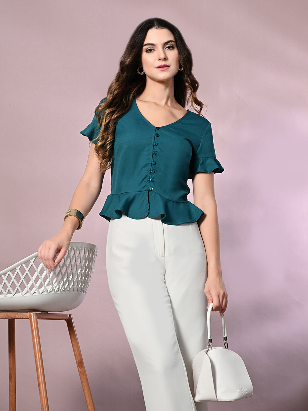 Casual Ruffled Sleeves Solid Women Blue Top