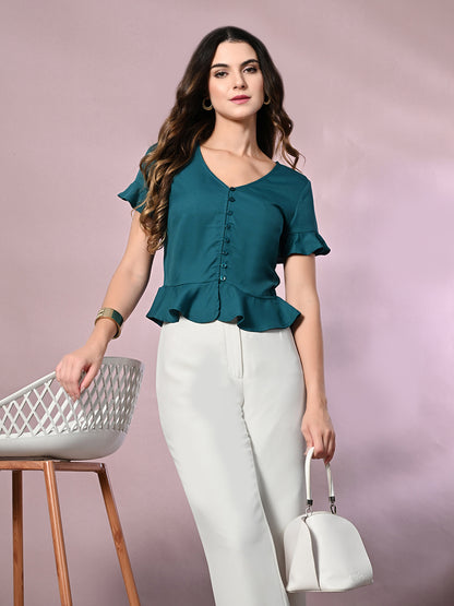 Casual Ruffled Sleeves Solid Women Blue Top