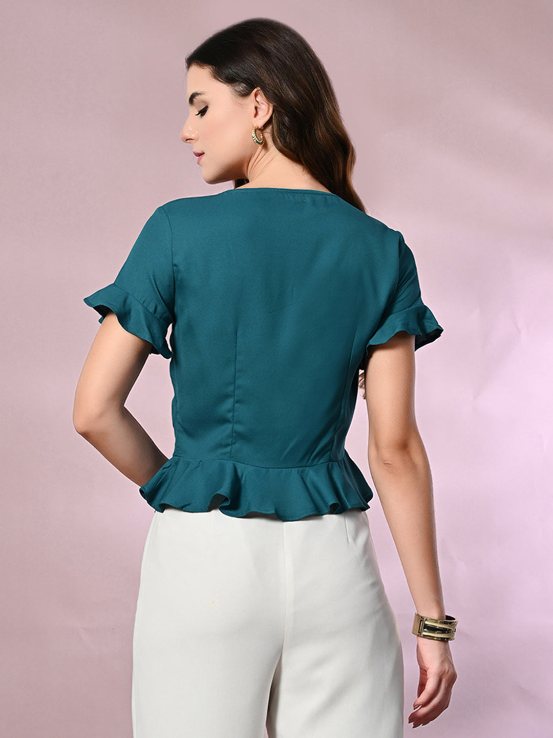 Casual Ruffled Sleeves Solid Women Blue Top