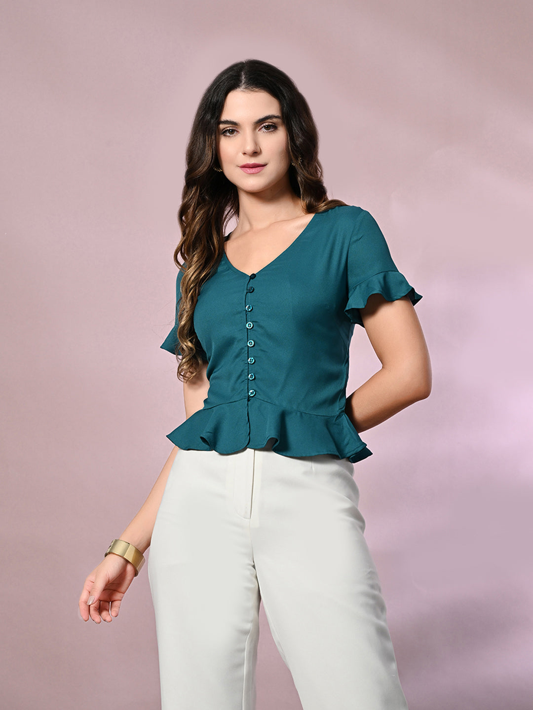 Casual Ruffled Sleeves Solid Women Blue Top