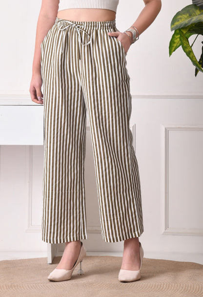Women Relaxed Khaki Pure Cotton Trousers