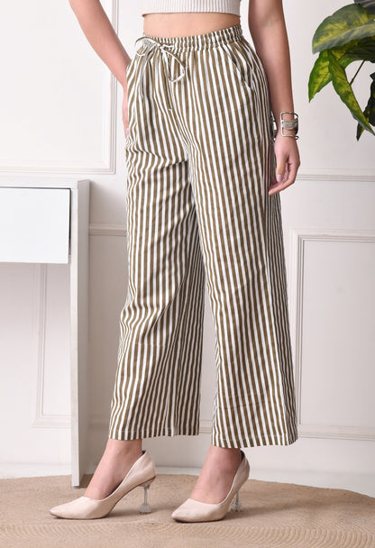 Women Relaxed Khaki Pure Cotton Trousers