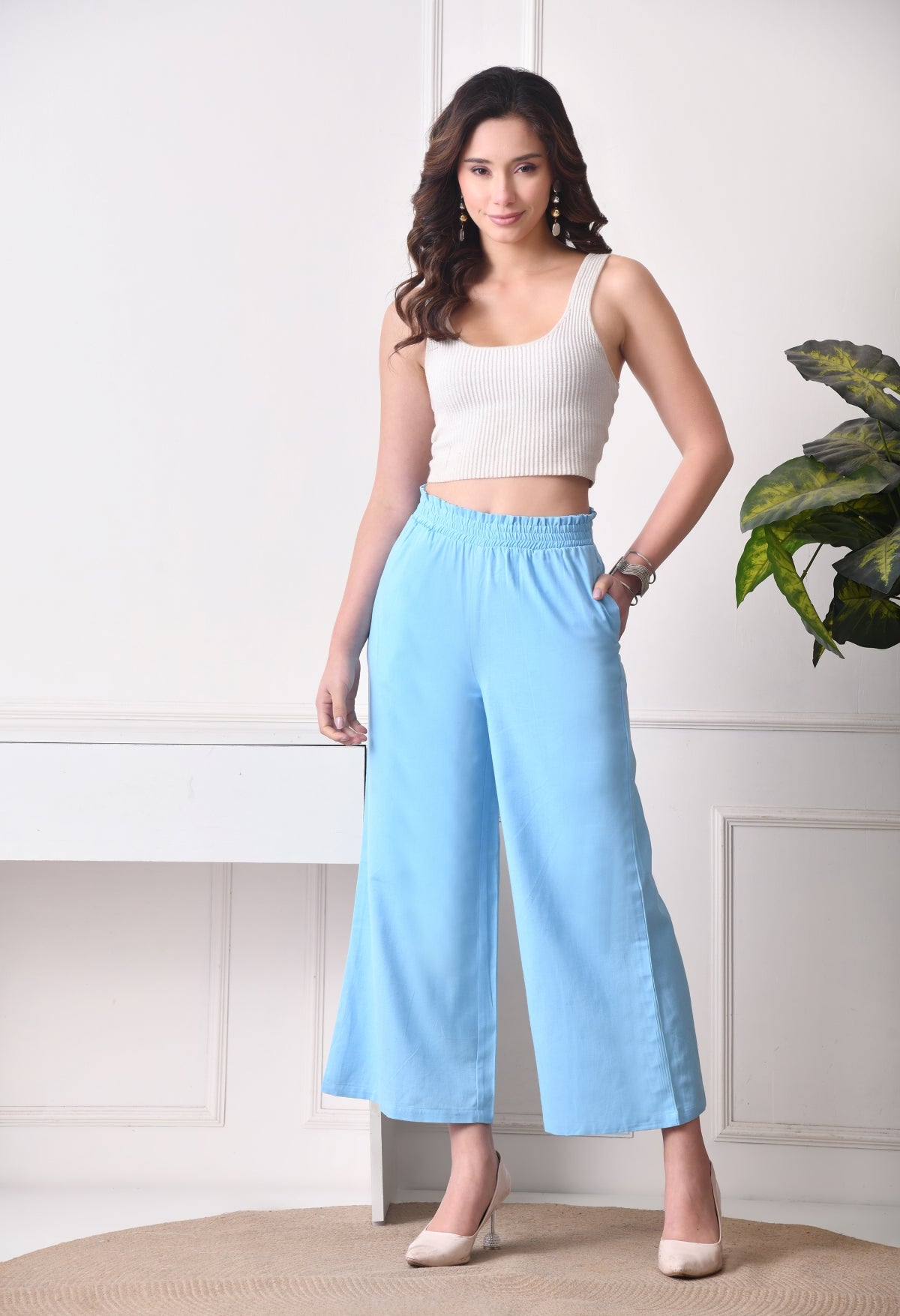 Women Loose Fit Light Blue Pure Cotton Trousers