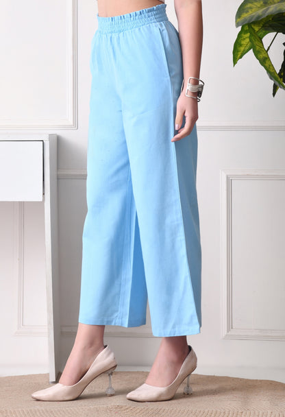 Women Loose Fit Light Blue Pure Cotton Trousers