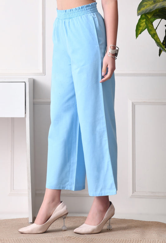 Women Loose Fit Light Blue Pure Cotton Trousers