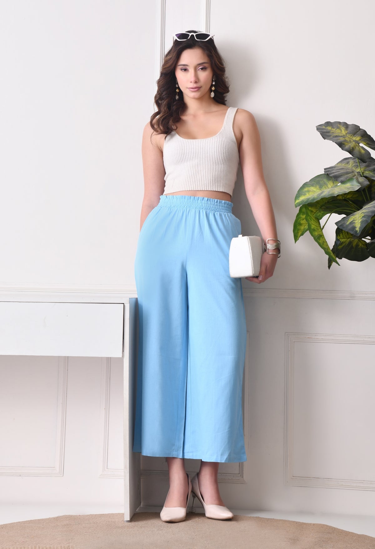 Women Loose Fit Light Blue Pure Cotton Trousers