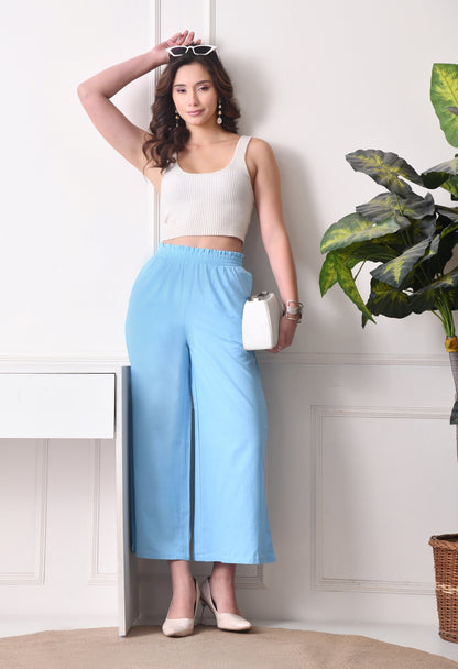 Women Loose Fit Light Blue Pure Cotton Trousers