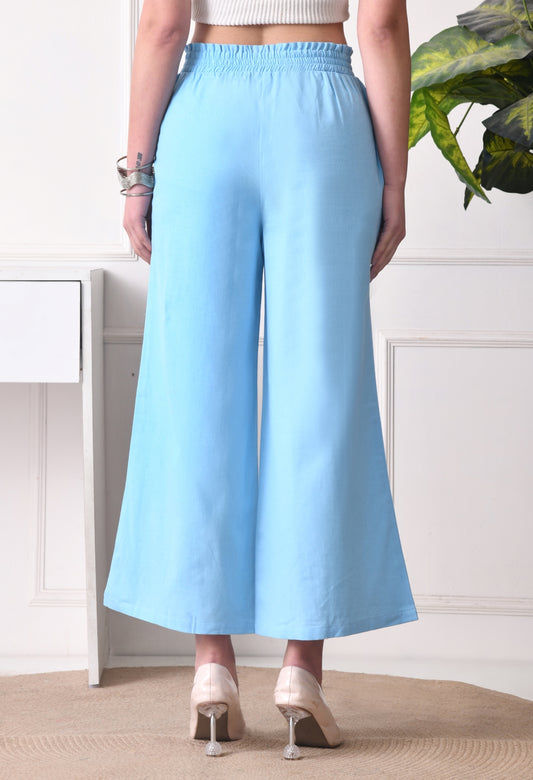 Women Loose Fit Light Blue Pure Cotton Trousers