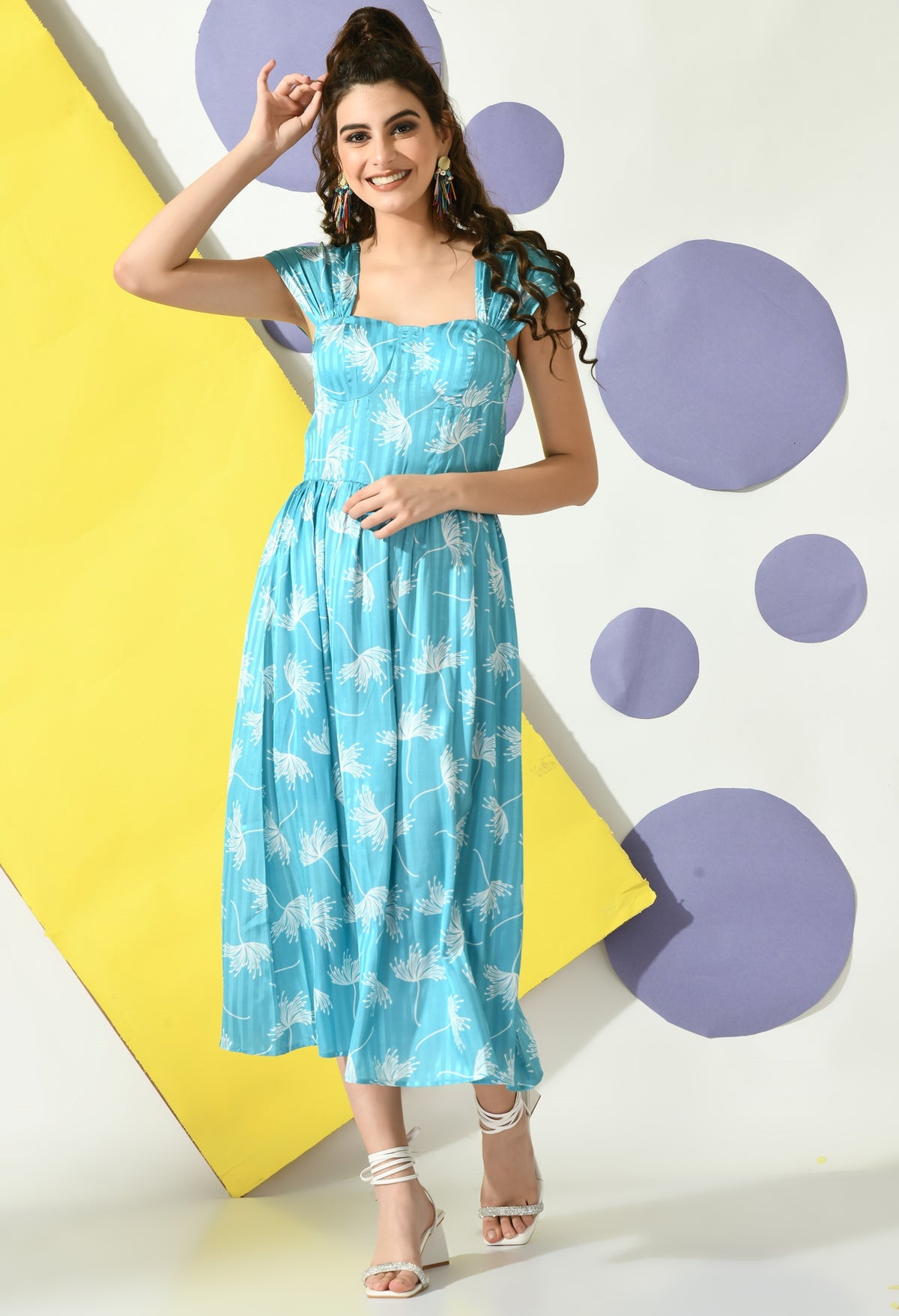 Women A-line Light Blue, White Ankle Length Dress