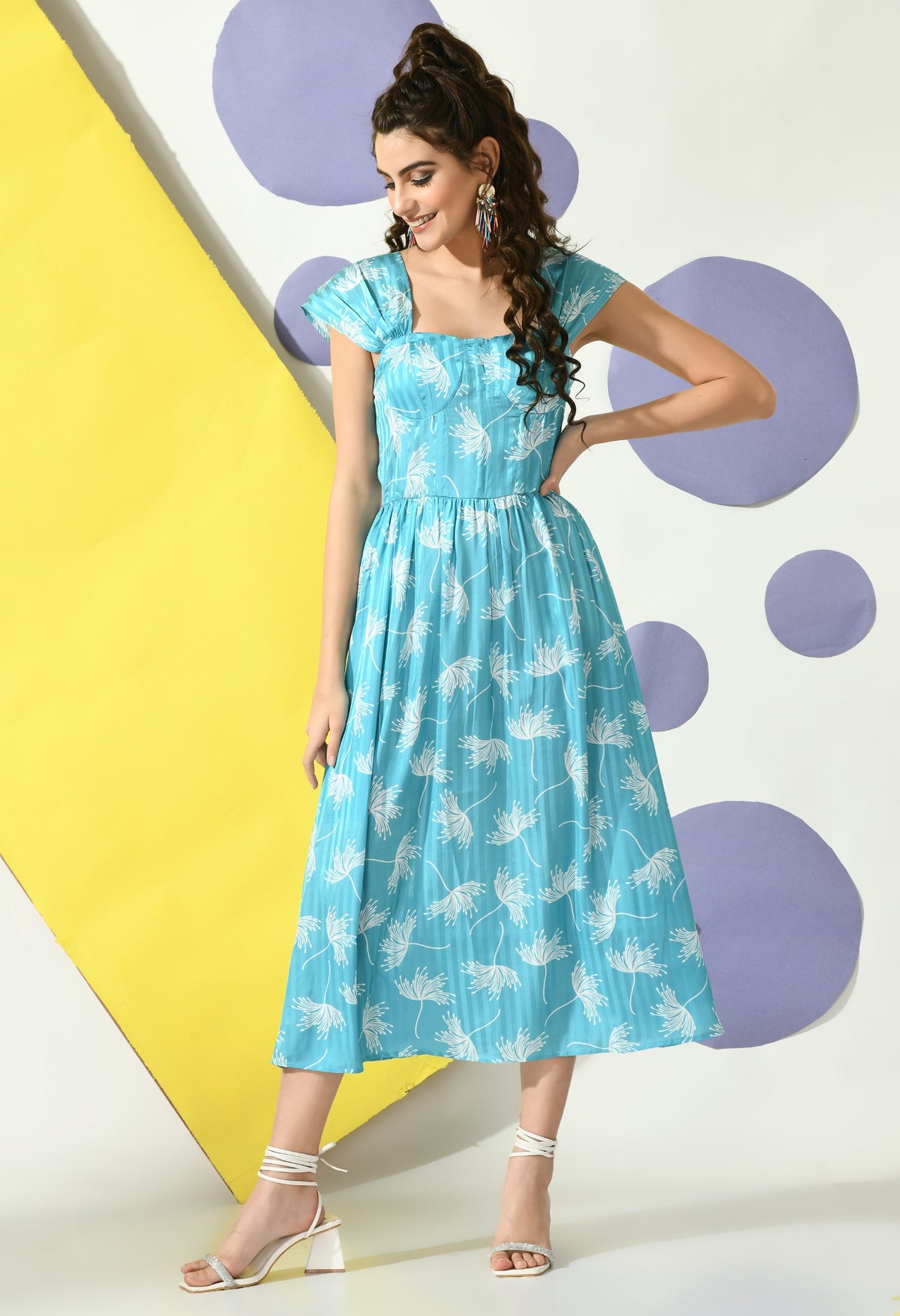 Women A-line Light Blue, White Ankle Length Dress