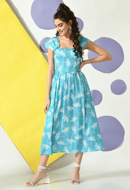 Women A-line Light Blue, White Ankle Length Dress
