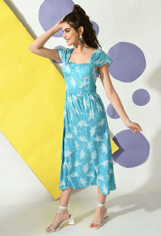Women A-line Light Blue, White Ankle Length Dress