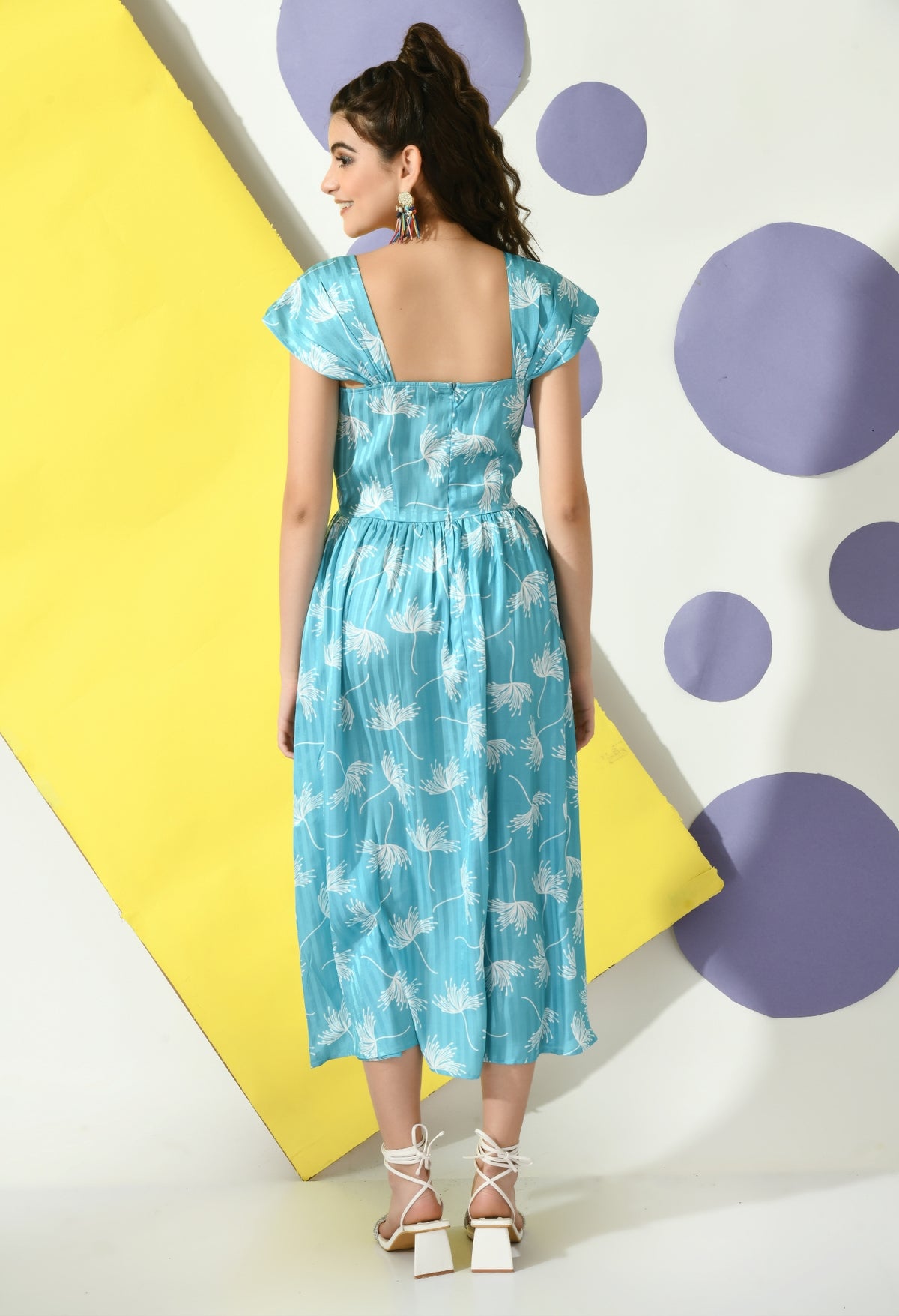 Women A-line Light Blue, White Ankle Length Dress