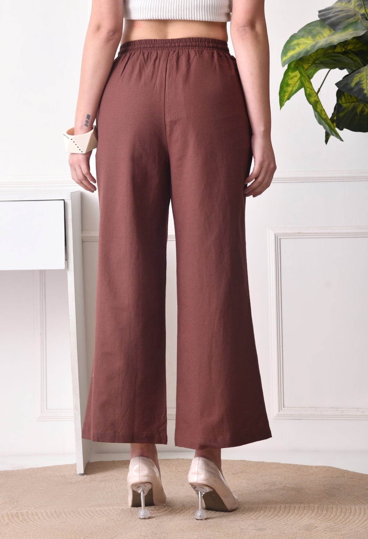 Women Loose Fit Brown Pure Cotton Trousers