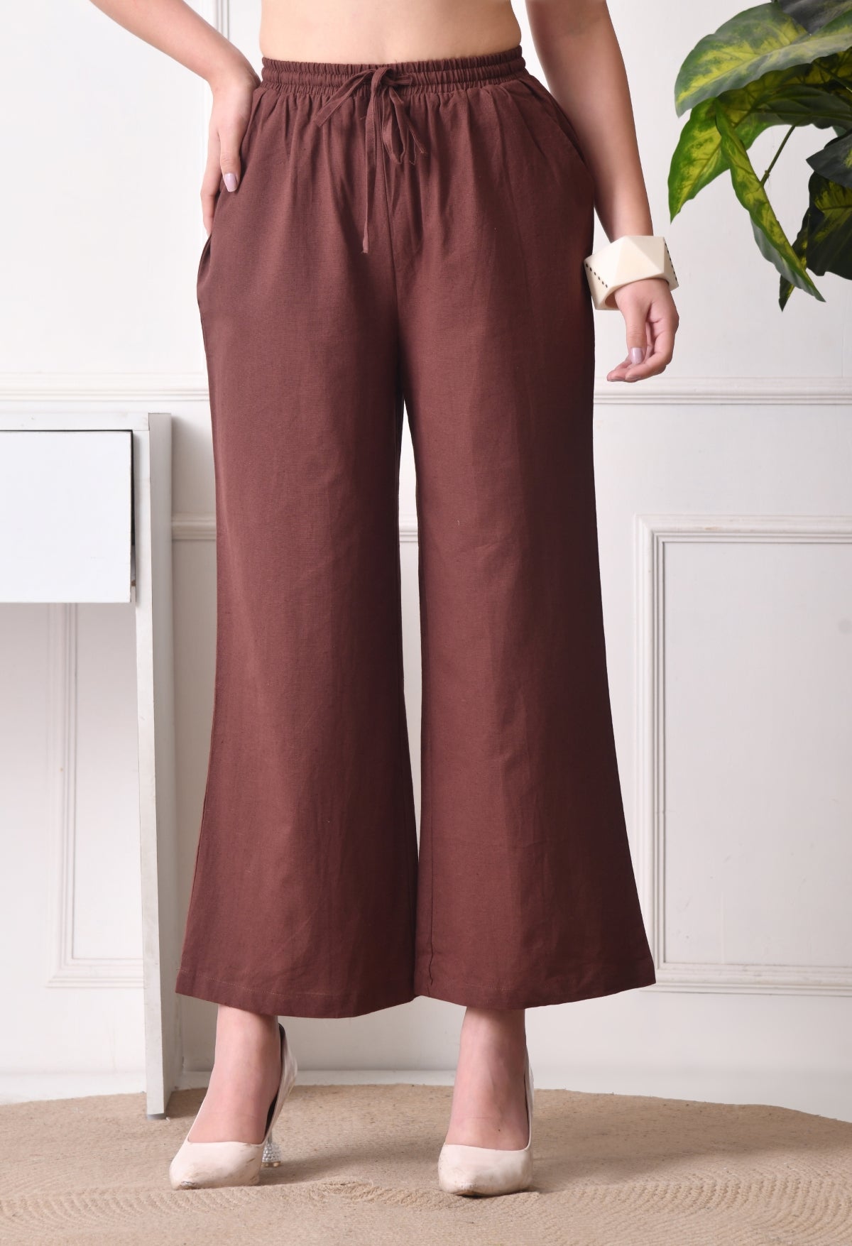Women Loose Fit Brown Pure Cotton Trousers