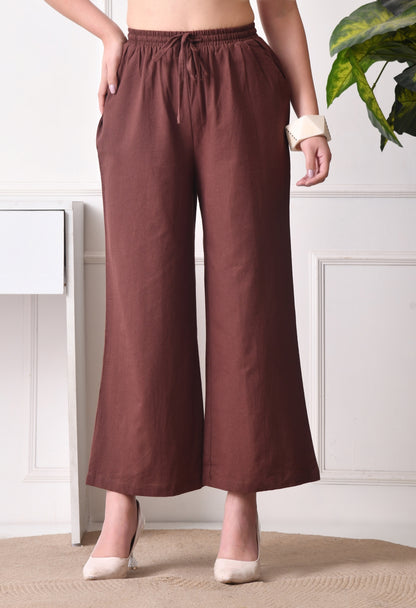 Women Loose Fit Brown Pure Cotton Trousers