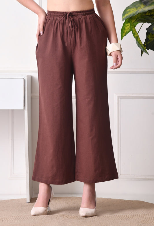 Women Loose Fit Brown Pure Cotton Trousers