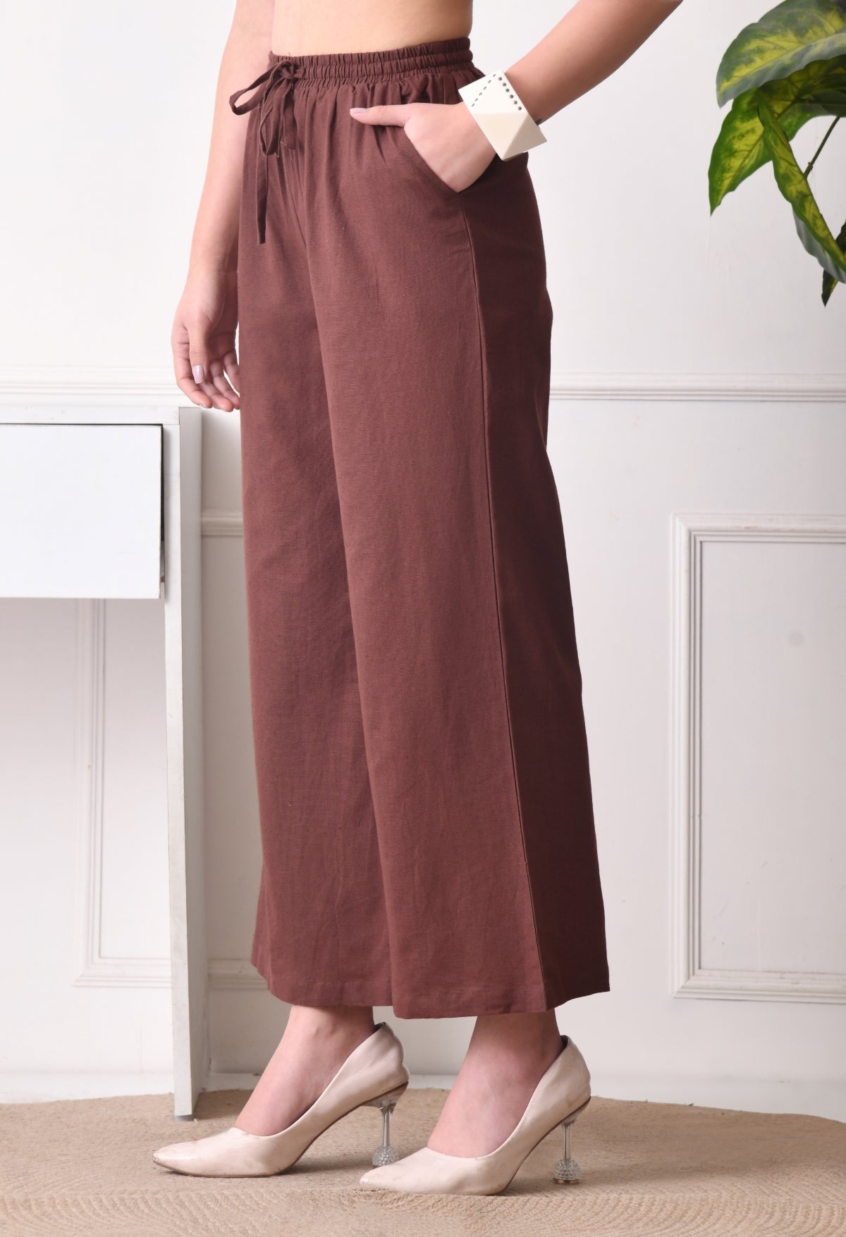 Women Loose Fit Brown Pure Cotton Trousers