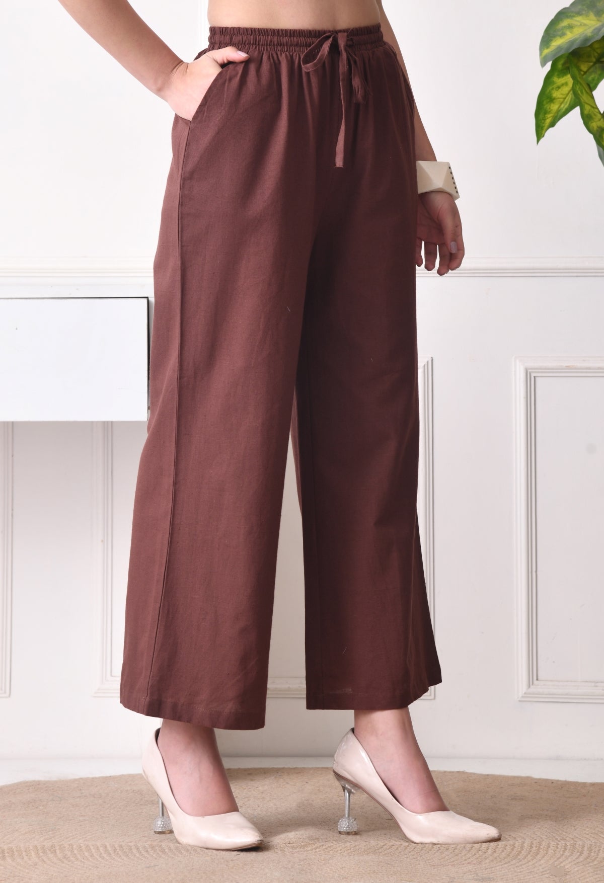 Women Loose Fit Brown Pure Cotton Trousers
