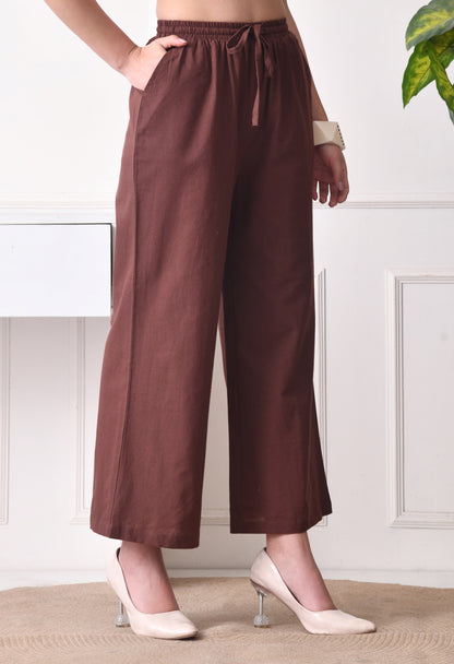 Women Loose Fit Brown Pure Cotton Trousers