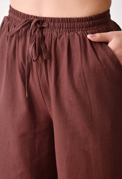 Women Loose Fit Brown Pure Cotton Trousers