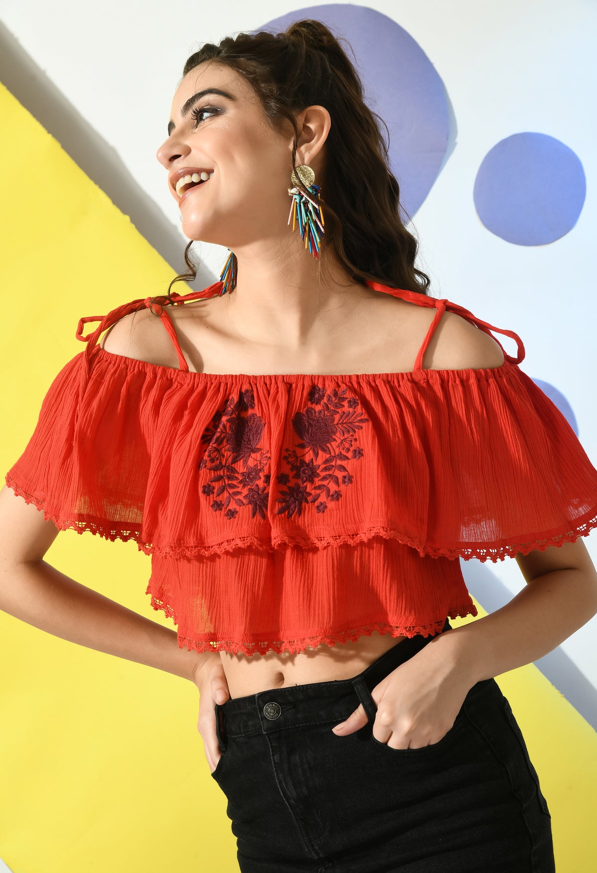 Casual Off Shoulder Sleeve Embroidered Women Red Top